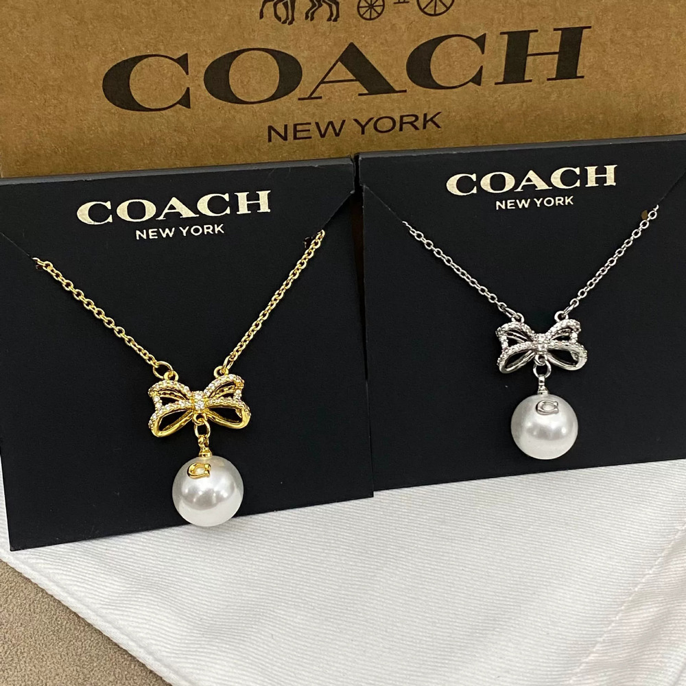 Coach Bow Pendant CZ Faux Pearl Metal Necklace Non Fading